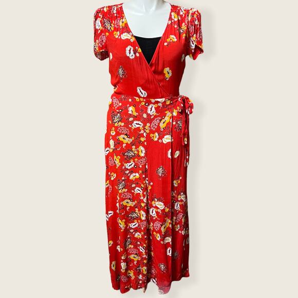 Free People Jess Wrap Dress in Red-Orange Floral Size M - Picture 4 of 16